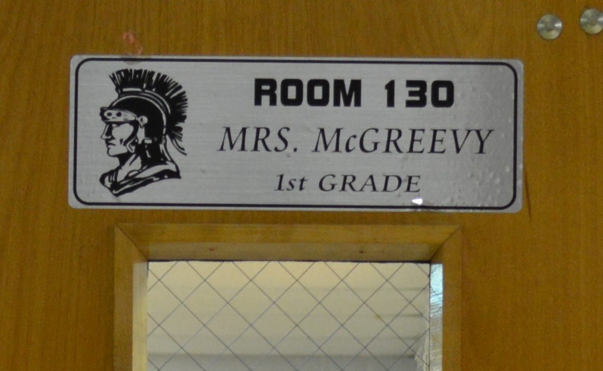 School room sign on the door identifying the teacher from the recognizer Althorp school signage printing machine